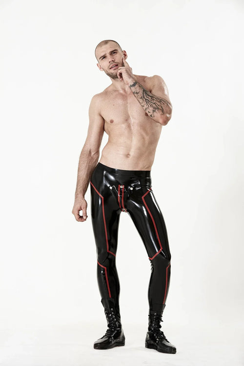 Black & Red 'Cavalier' Striped Studded-Codpiece Pull-On Latex Leggings