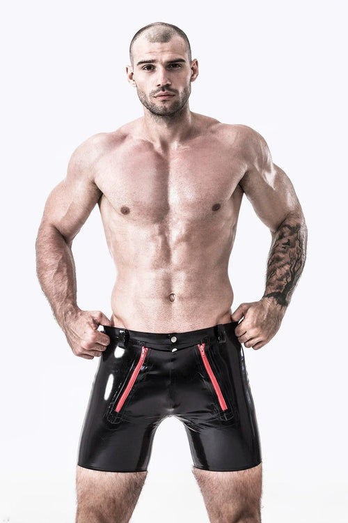 Black & Red Low-Waist Double-Zip Latex Shorts