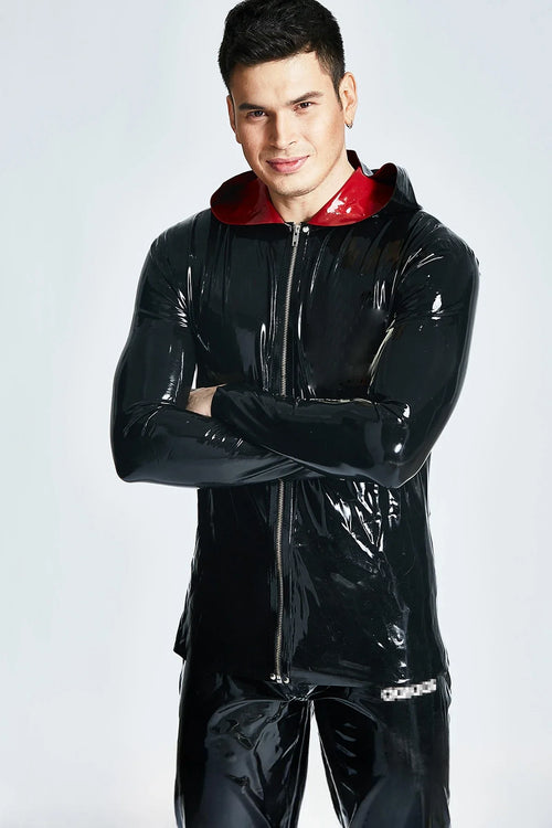 Black & Red Hooded Front-Zip Sporty Windbreaker Latex Jacket