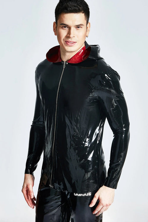 Black & Red Hooded Front-Zip Sporty Windbreaker Latex Jacket
