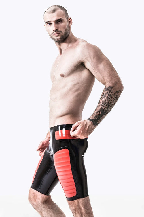 Black & Red Quilted-Leg Metal-Loop Ultra-Low-Waist Latex Bermudas
