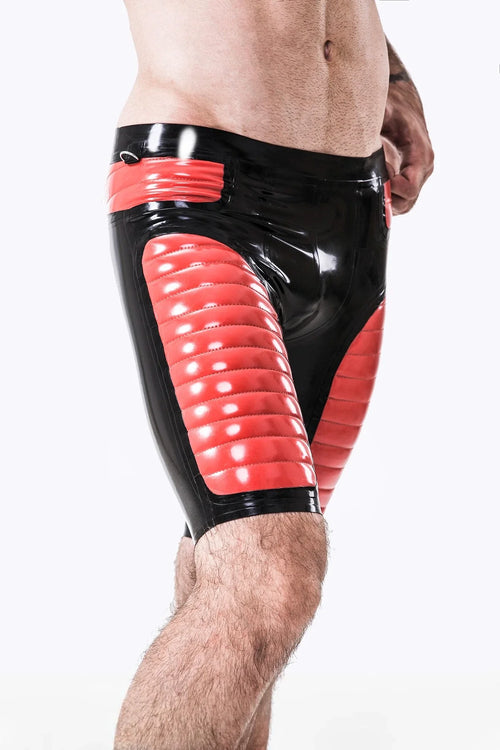 Black & Red Quilted-Leg Metal-Loop Ultra-Low-Waist Latex Bermudas