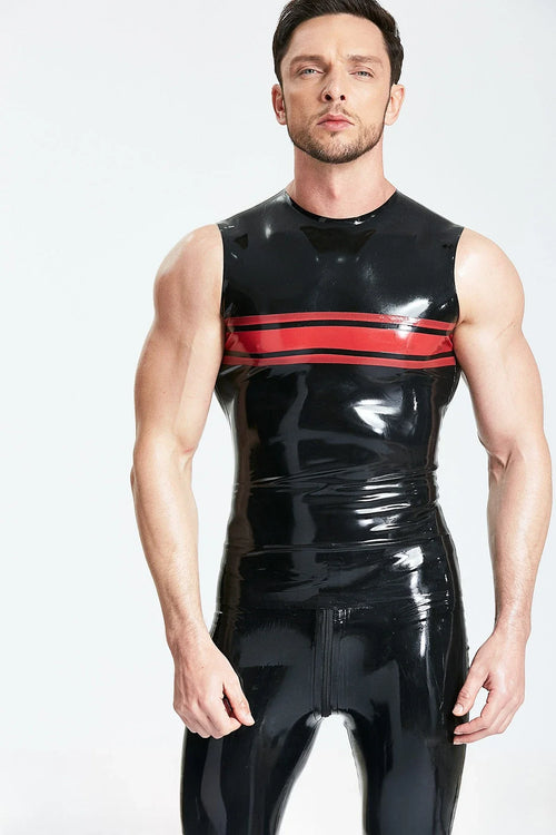Black & Red Chest-Striped Muscle-Cut Pullover Latex Tank Top