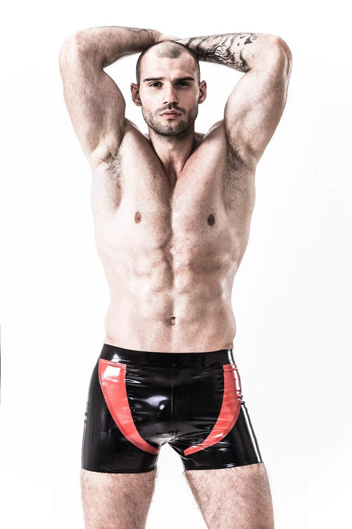 Black & Red Curved-Panel No-Zip No-Elastic Short-Leg Latex Swim Shorts