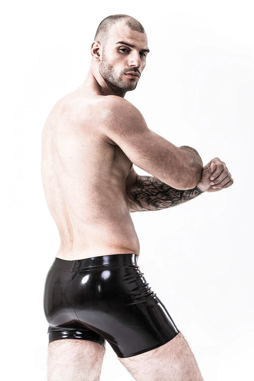 Black & Red Curved-Panel No-Zip No-Elastic Short-Leg Latex Swim Shorts