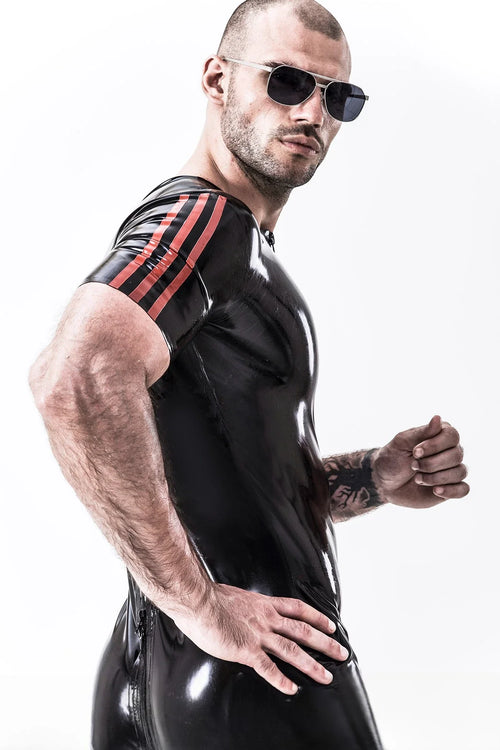 Black & Red Vertical Stripes Through-Zip Latex Surfsuit