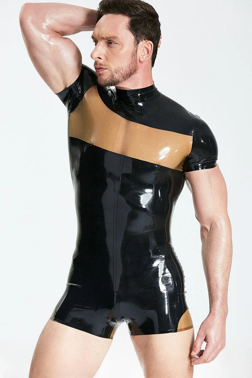Black & Translucent Grey Show-Off Mid-Collar Short-Sleeve Back-Zip Latex Surfsuit