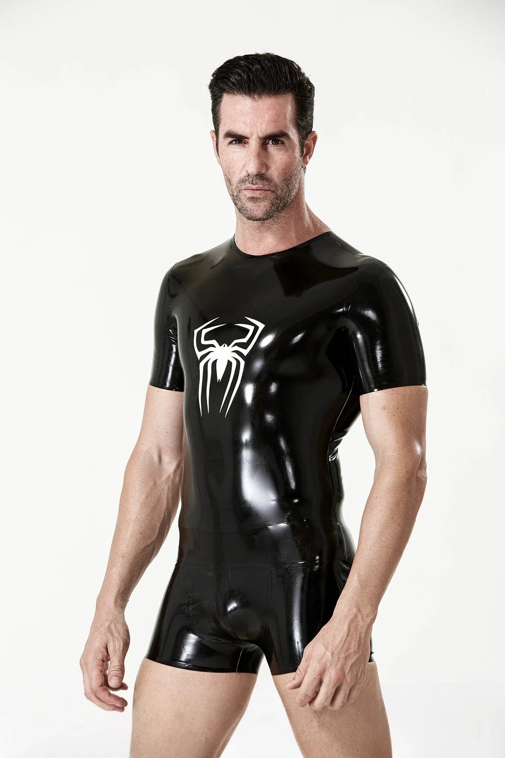 Black & White Spidey Motif Mid-Bicep Sleeve Tapered Round-Neck Latex T-Shirt