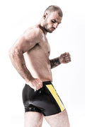 Black & Yellow Side-Stripe Hip-Fit Boxer-Cut Latex Shorts