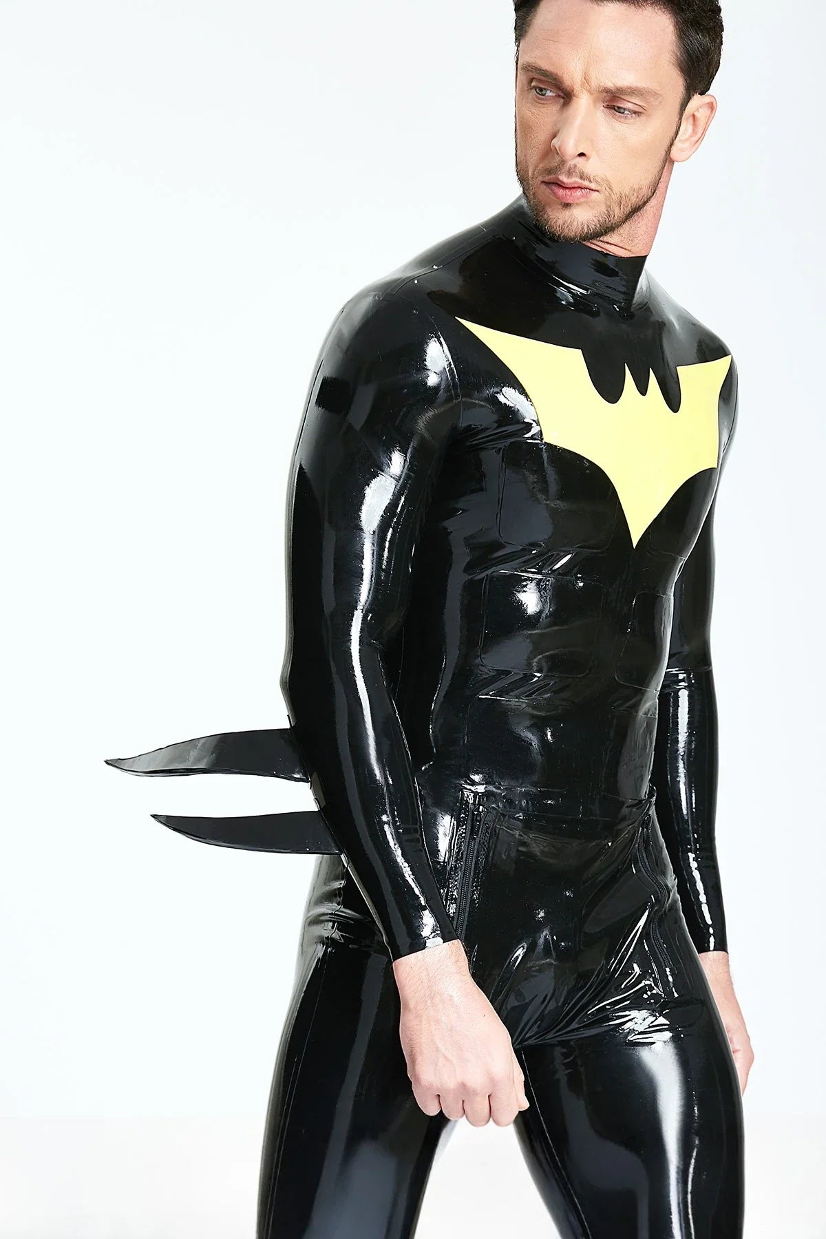 Black Yellow-Batwing Sailor-Front Back-Zip Latex Catsuit