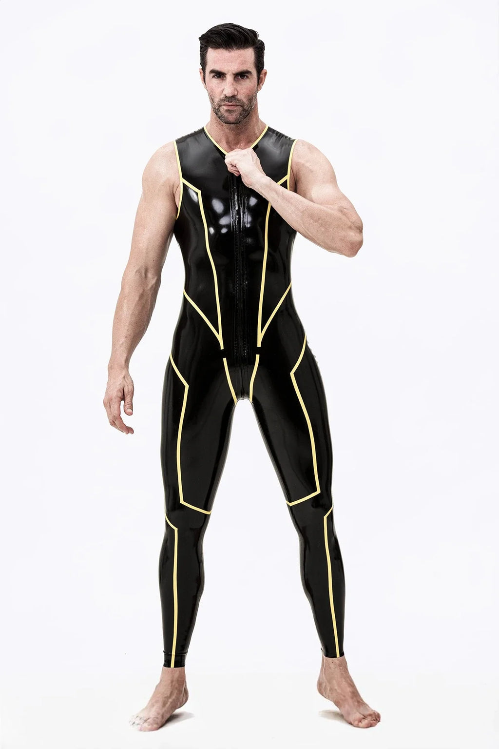 Black Yellow Sleeveless Three-Way-Zip Latex Catsuit