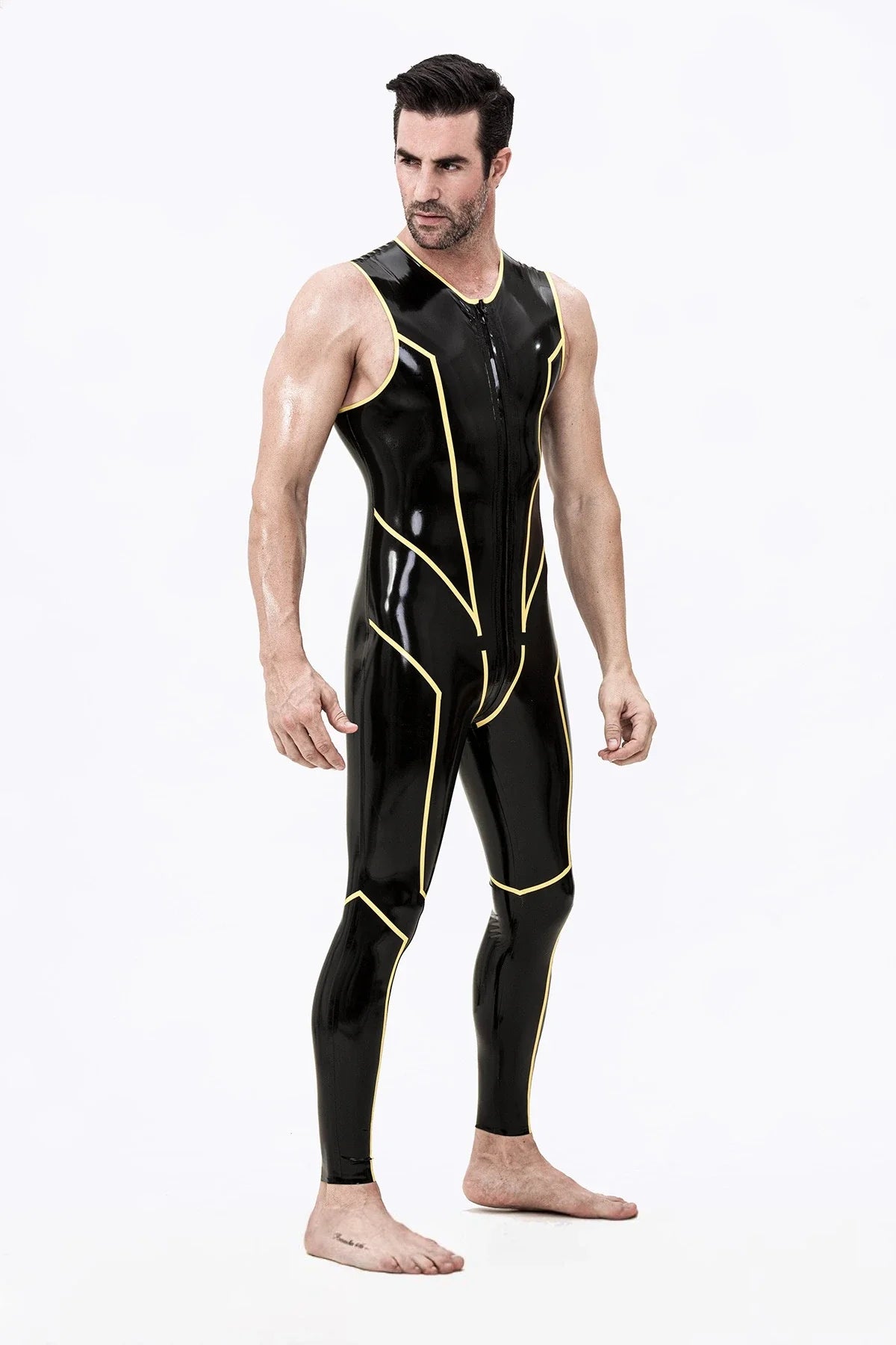 Black Yellow Sleeveless Three-Way-Zip Latex Catsuit