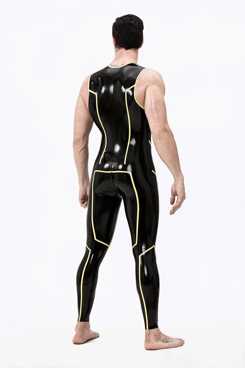 Black Yellow Sleeveless Three-Way-Zip Latex Catsuit