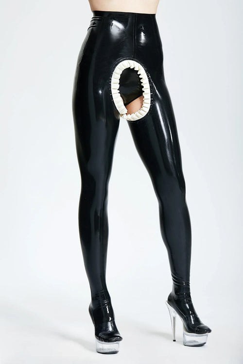 Black & Pure White 'Frilly Surprise' Open-Crotch Footed Zipperless Latex Leggings