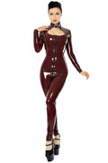 Brown Buckle-Front High-Neck Three-Way-Zip Latex Catsuit
