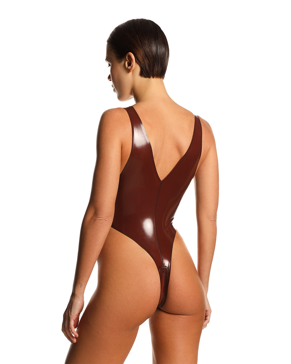 Brown Adjustable V-Neck Full-Zip Thong Latex Bodysuit