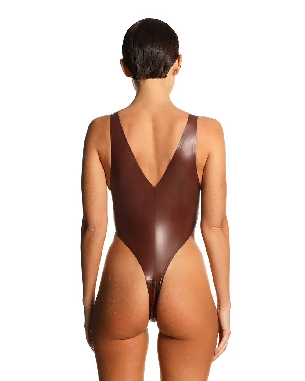 Brown Adjustable V-Neck Full-Zip Thong Latex Bodysuit
