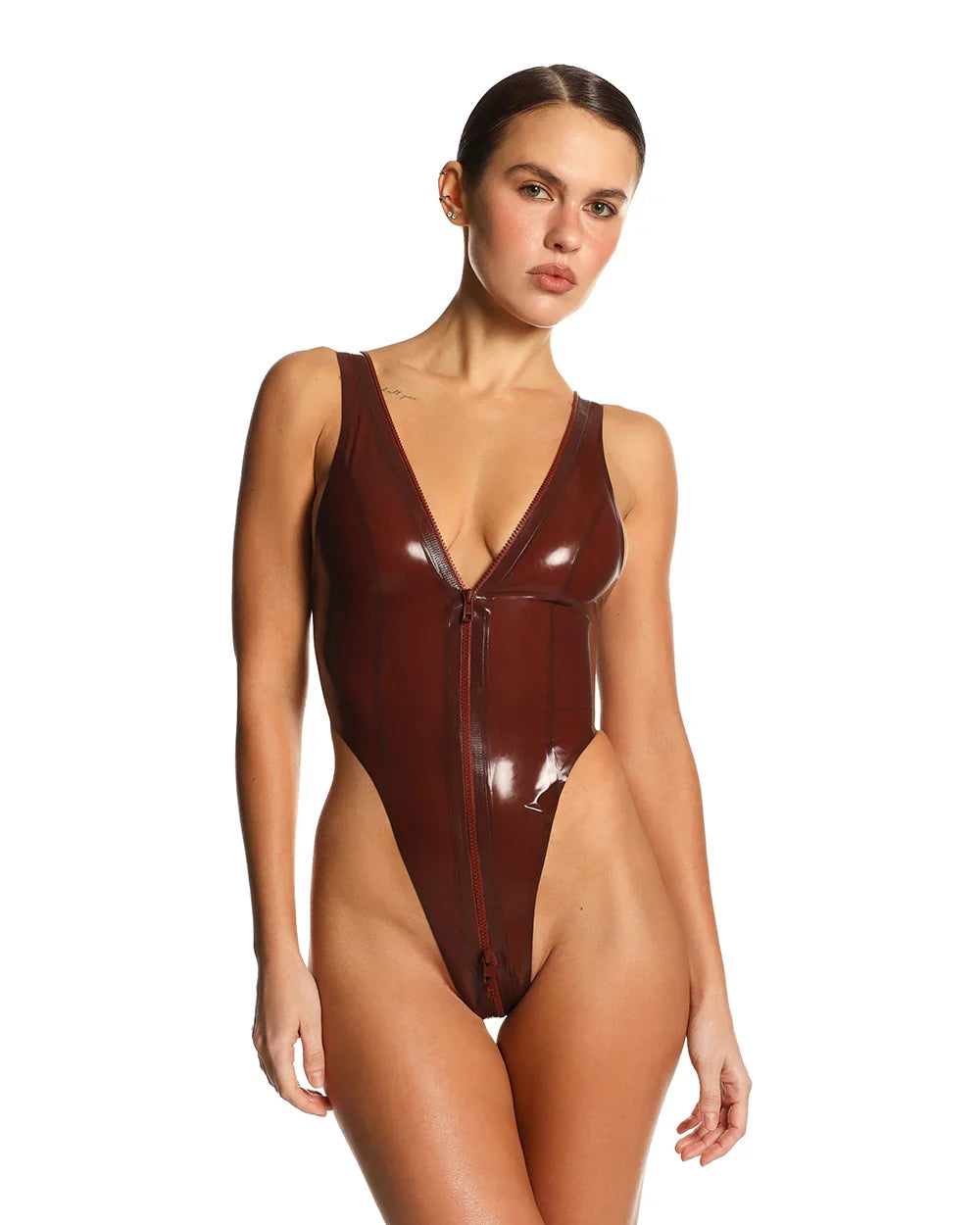 Brown Adjustable V-Neck Full-Zip Thong Latex Bodysuit