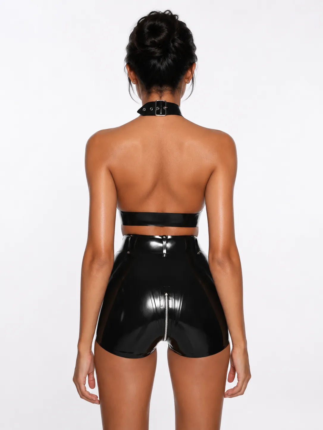 Black Buckled Halter Front-Zip Latex Two-Piece Set