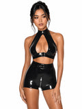 Black Buckled Halter Front-Zip Latex Two-Piece Set