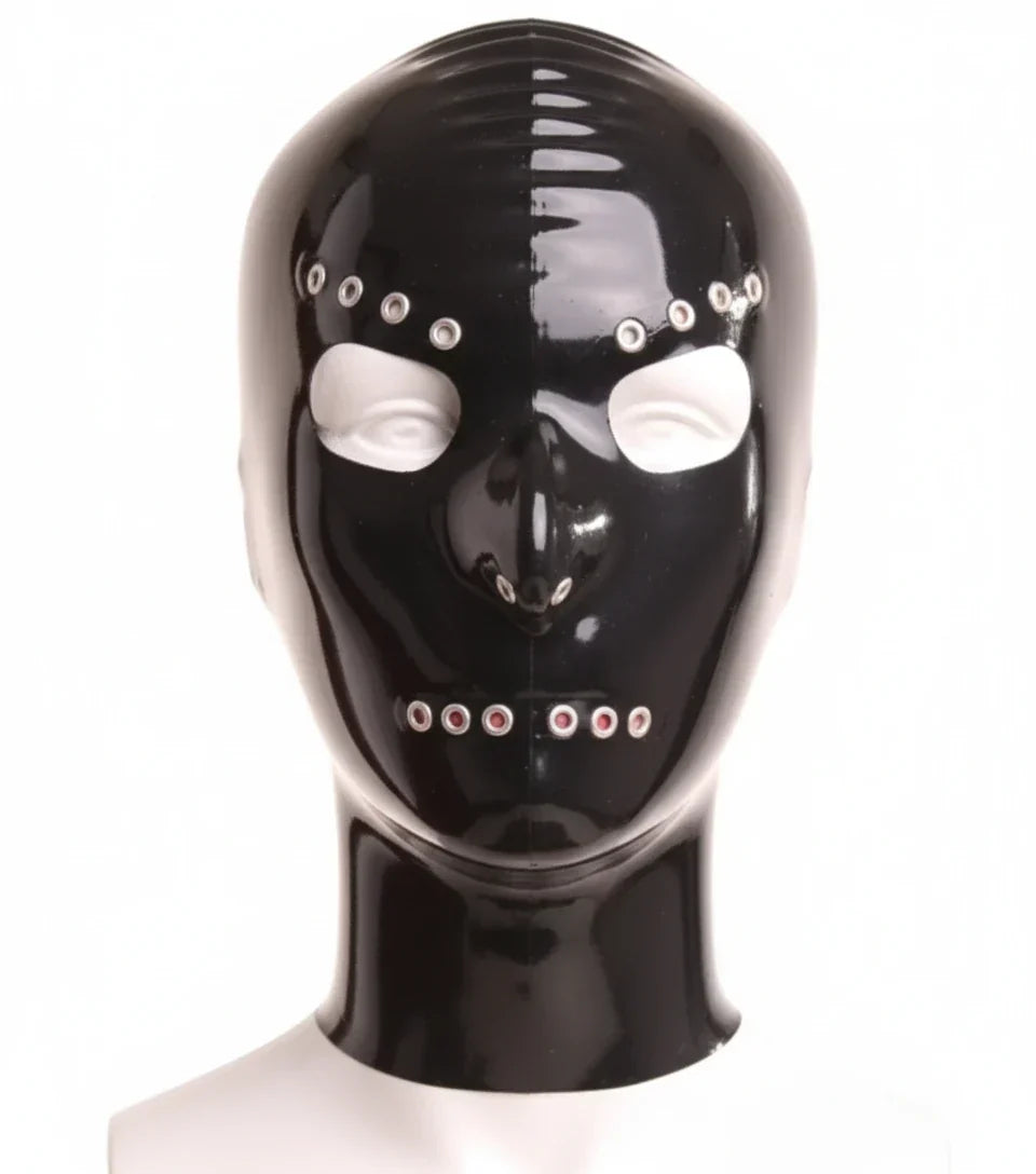 Black Grommet-Trim Open-Face Latex Hood