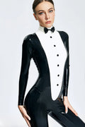 Black & White Bow-Tie Front-Buttons Back-Zip Latex Catsuit