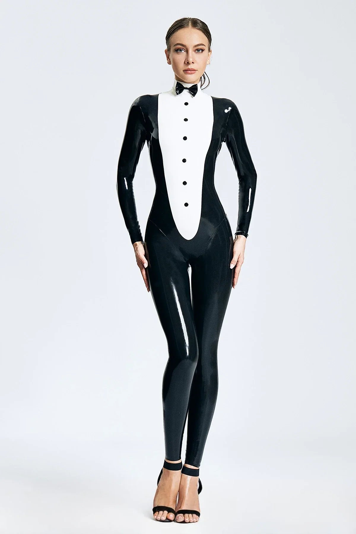 Black & White Bow-Tie Front-Buttons Back-Zip Latex Catsuit