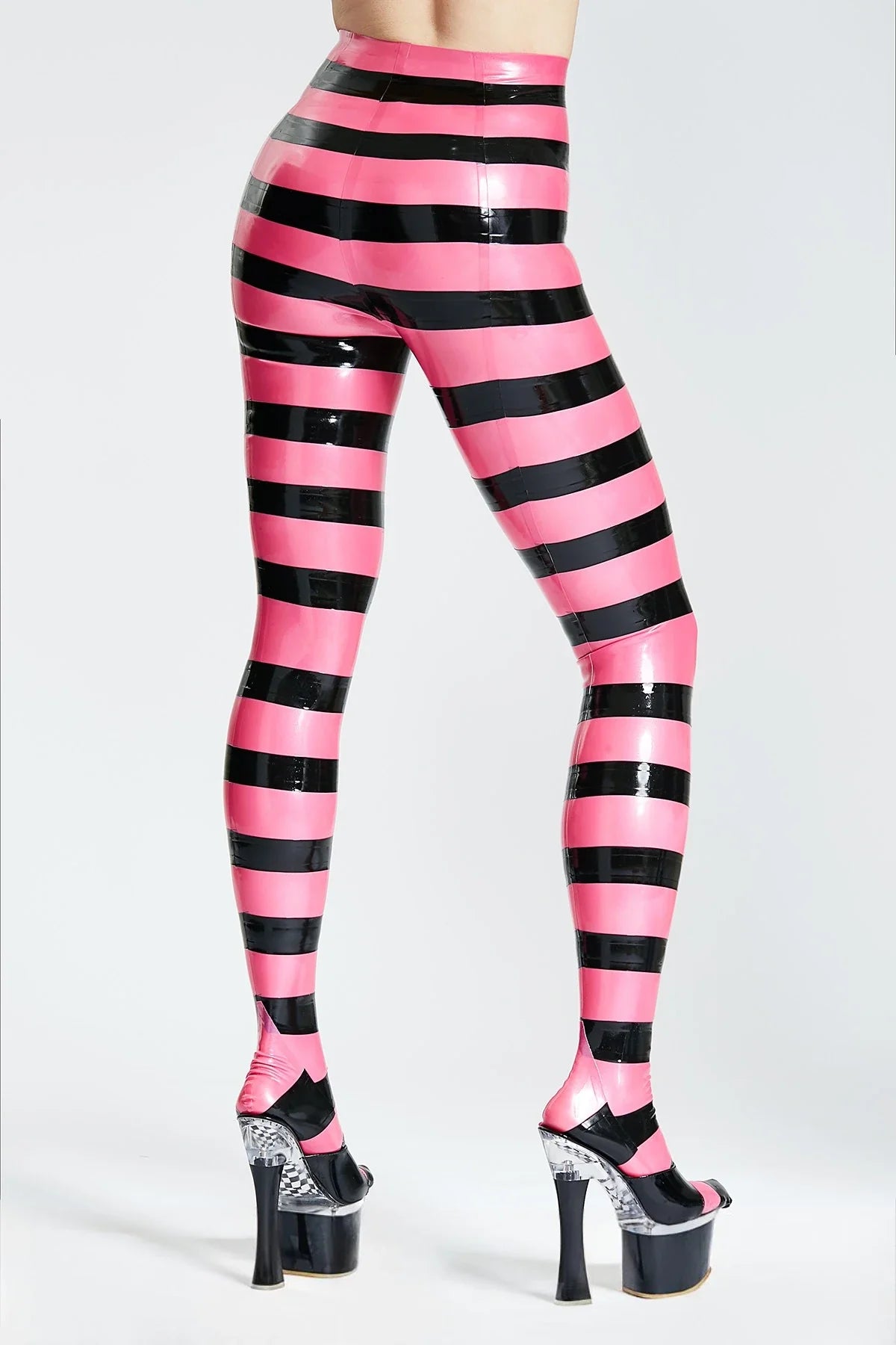 Metallic Pink & Black 'Candy' Striped Footed Zipperless Latex Tights