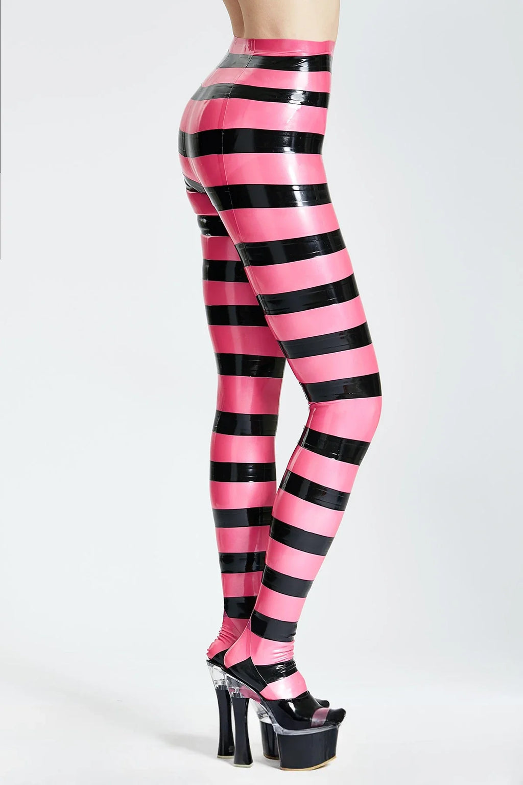 Metallic Pink & Black 'Candy' Striped Footed Zipperless Latex Tights