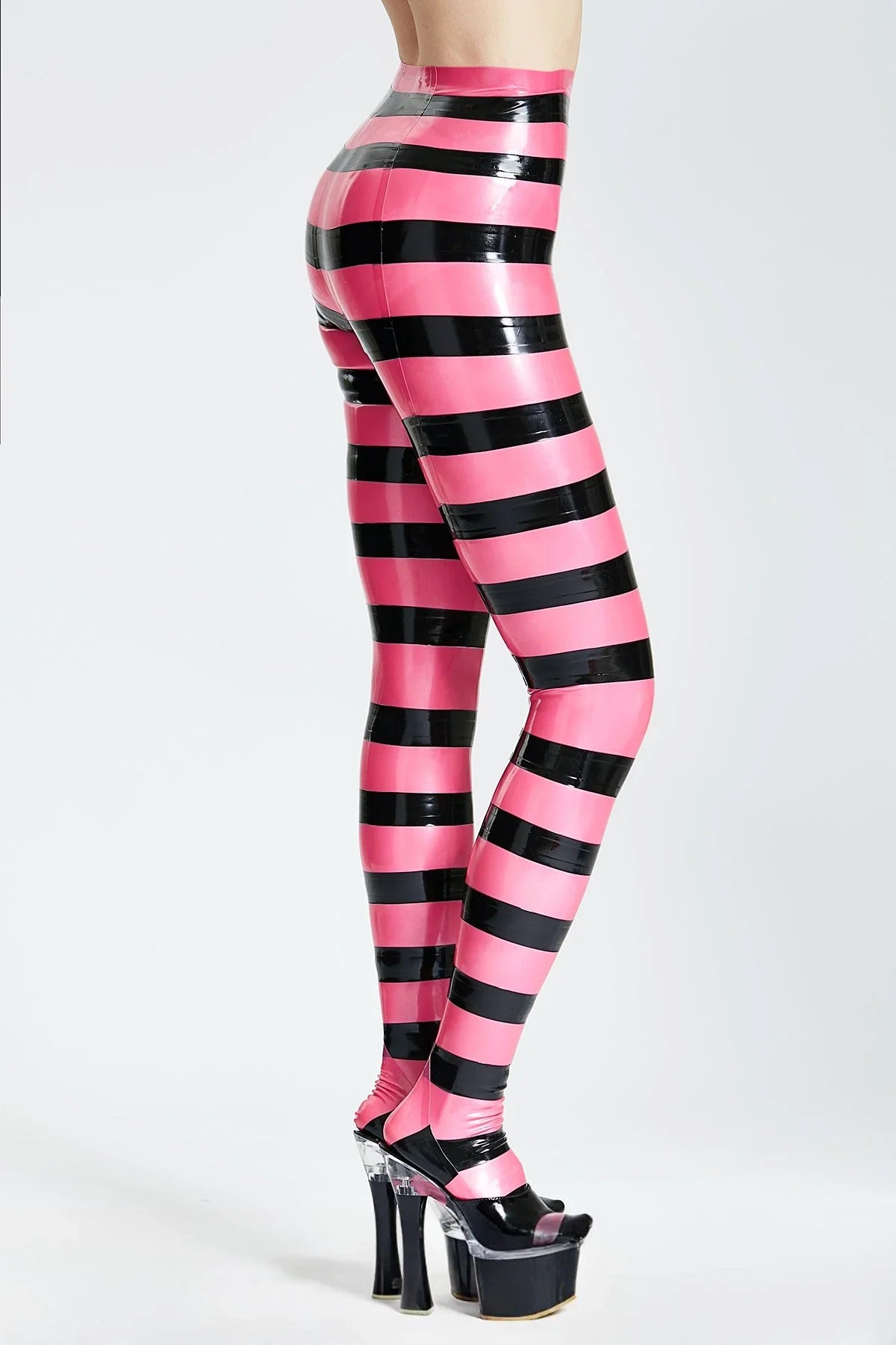 Metallic Pink & Black 'Candy' Striped Footed Zipperless Latex Tights