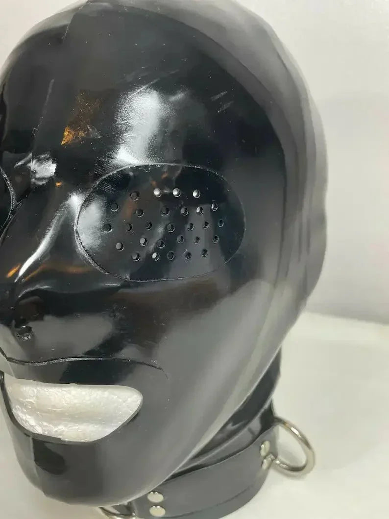 Black Perforated-Eye D-Ring Collar Latex Hood