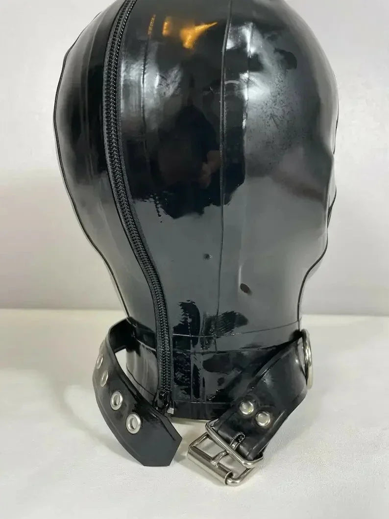 Black Perforated-Eye D-Ring Collar Latex Hood