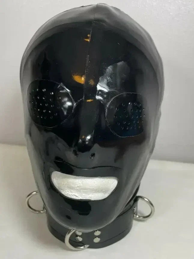 Black Perforated-Eye D-Ring Collar Latex Hood