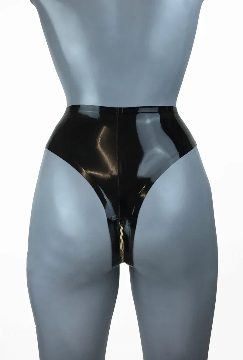 Black High-Waist Front-Zip Latex Panty