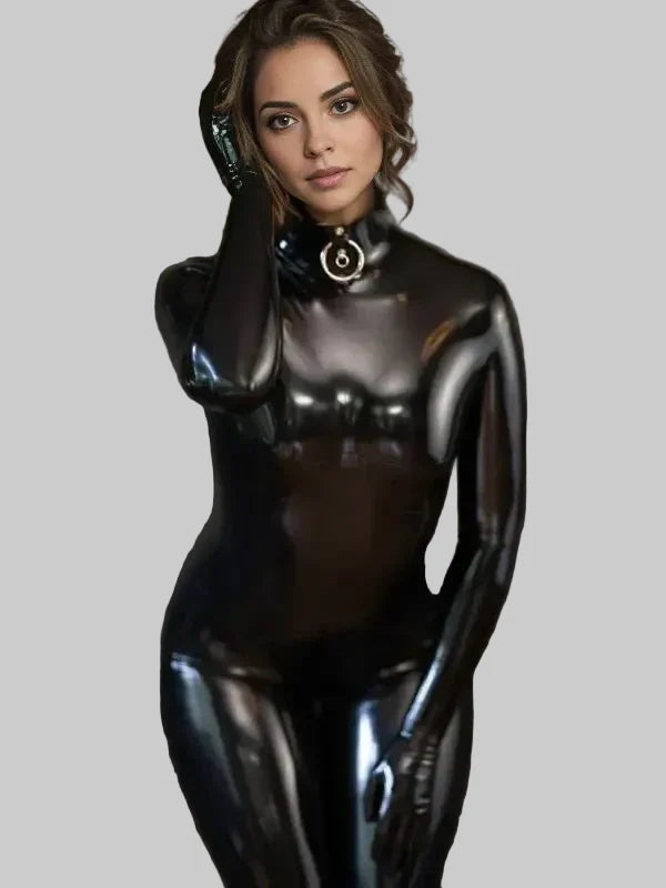 Black O-Ring Contoured-Bust Crotch-Zip Full-Enclosure Latex Catsuit