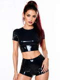 Black Crew-Neck Short-Sleeve Latex Crop Top