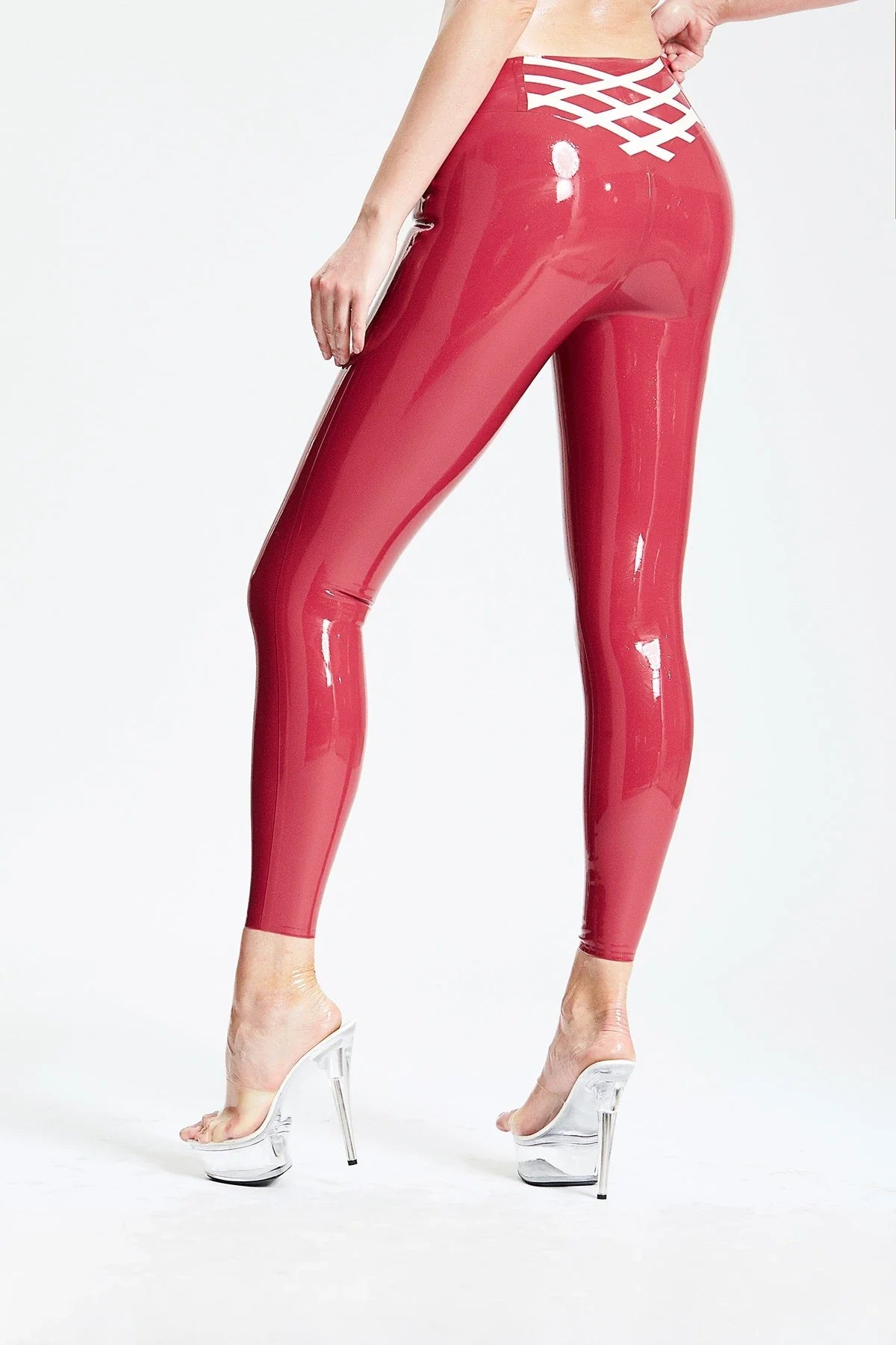 Plum Red & Pure White 'Criss-Cross' Low-Waist Zipperless Latex Tights
