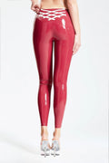 Plum Red & Pure White 'Criss-Cross' Low-Waist Zipperless Latex Tights