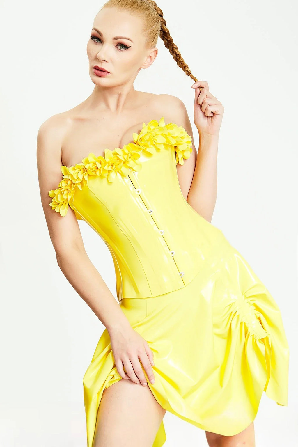 Yellow 'Curtain Up' Flared Knee-Length Zipperless Latex Skirt