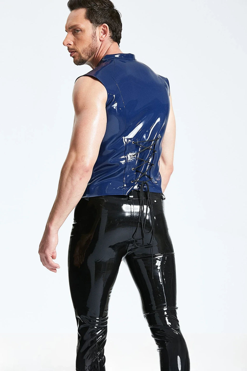 Dark Blue Double-Breasted Crossover 8-Stud Back-Lace Sleeveless Latex Waistcoat