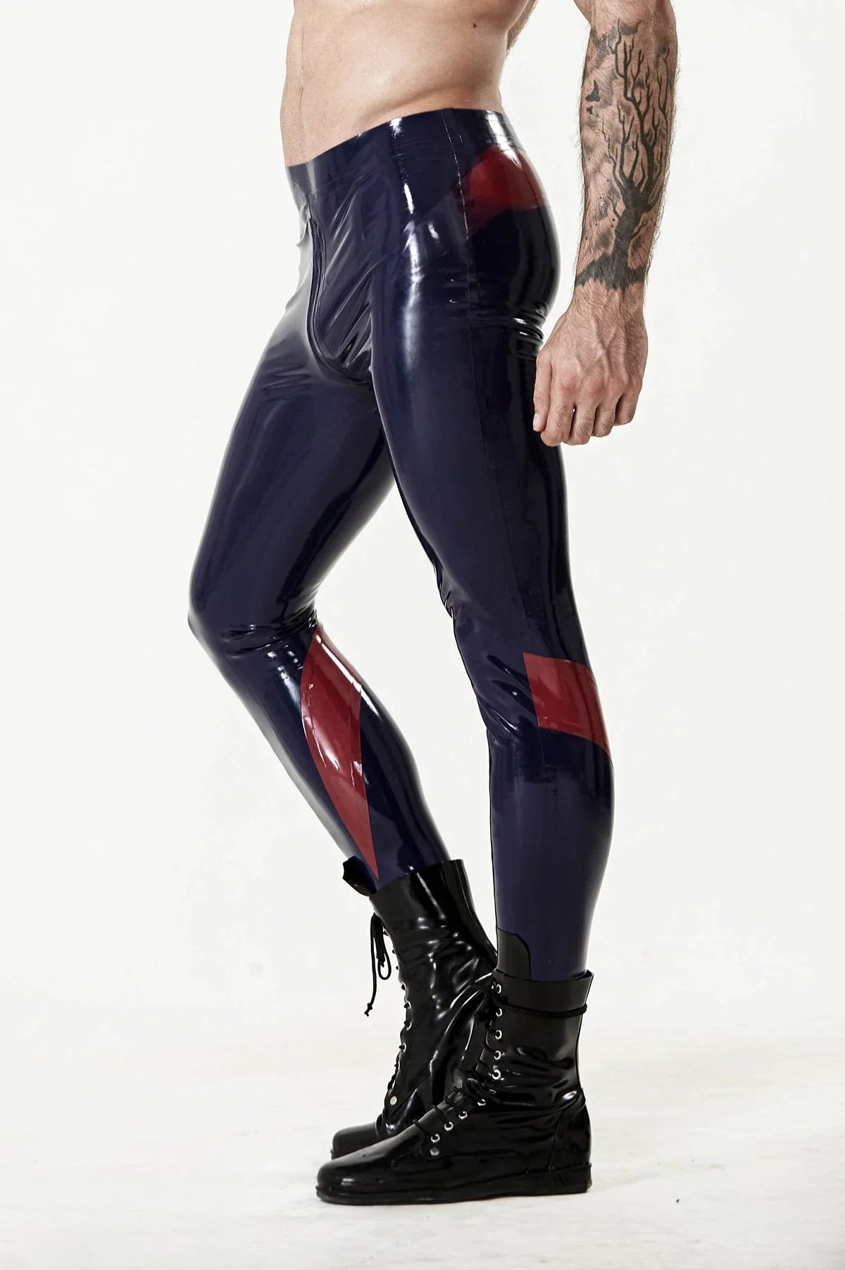 Dark Blue & Red Bum-Panel Knee-Panel Through-Zip Tight-Waist Latex Leggings