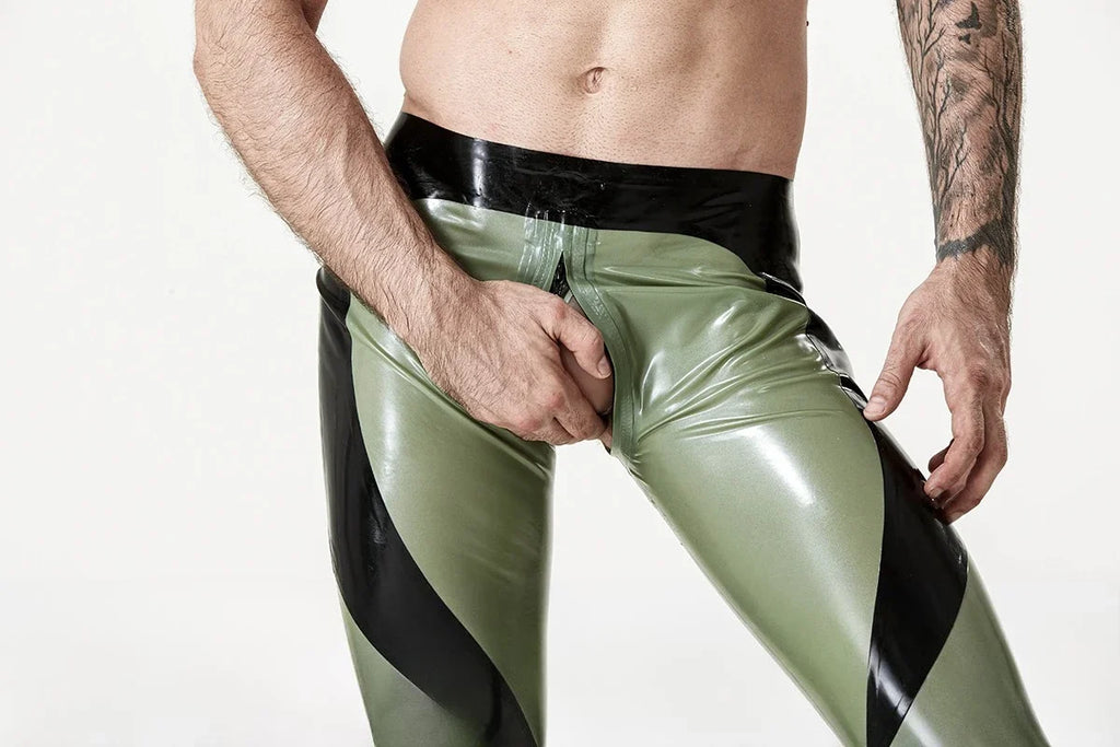 Electric Leaf & Black Pointed-Panel Low-Waist Through-Zip Latex Leggings