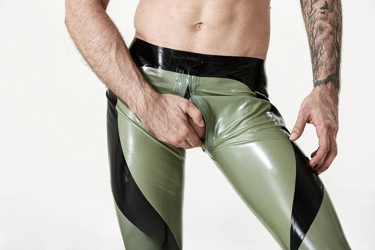 Electric Leaf & Black Pointed-Panel Low-Waist Through-Zip Latex Leggings