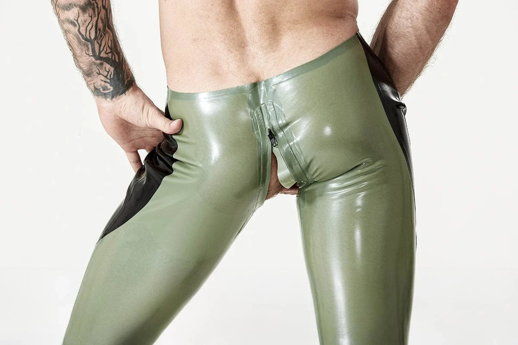 Electric Leaf & Black Pointed-Panel Low-Waist Through-Zip Latex Leggings