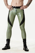 Electric Leaf & Black Pointed-Panel Low-Waist Through-Zip Latex Leggings