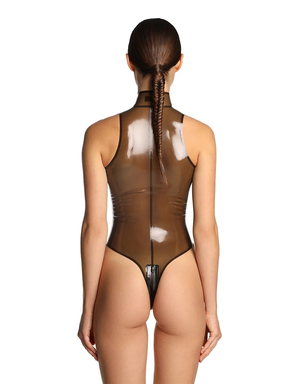 Smoky Black 'Entropy' High-Neck 2-Way Front-Zip Latex Bodysuit