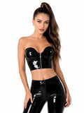 Black Strapless Front Zip Latex Top