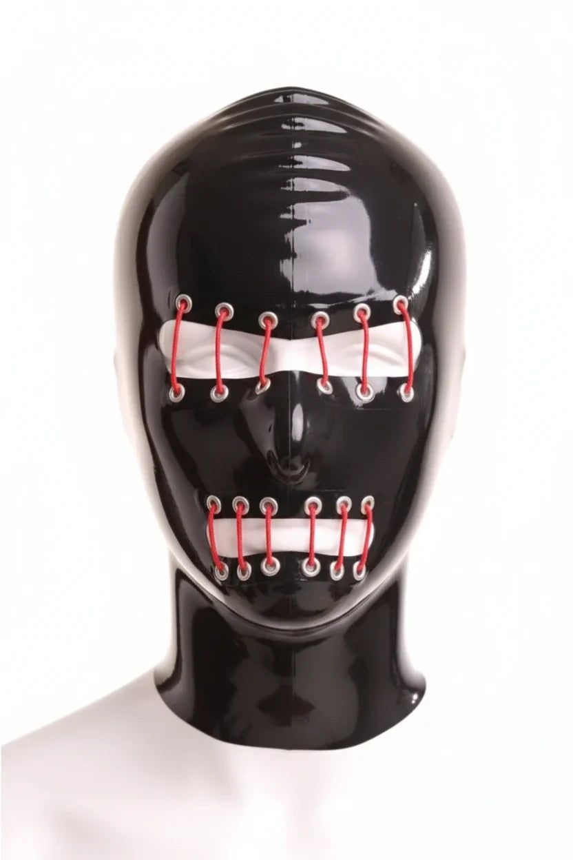 Black Red-Laced Grommet Open-Face Latex Hood