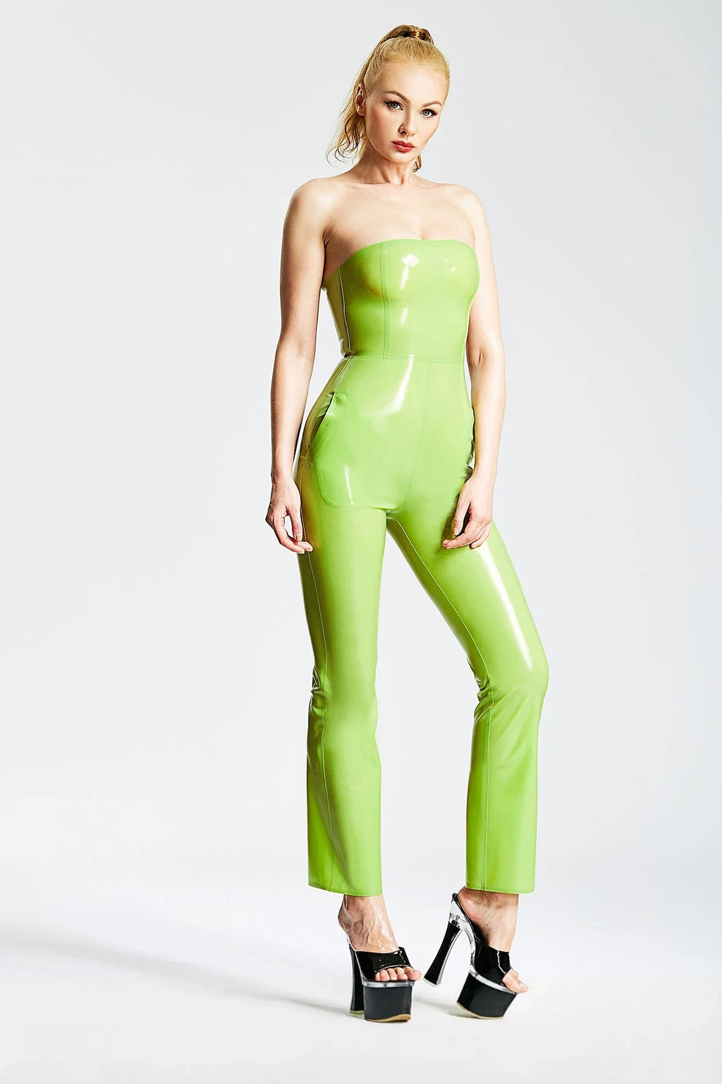 Grass Green Strapless Flared-Leg Back-Zip Latex Jumpsuit