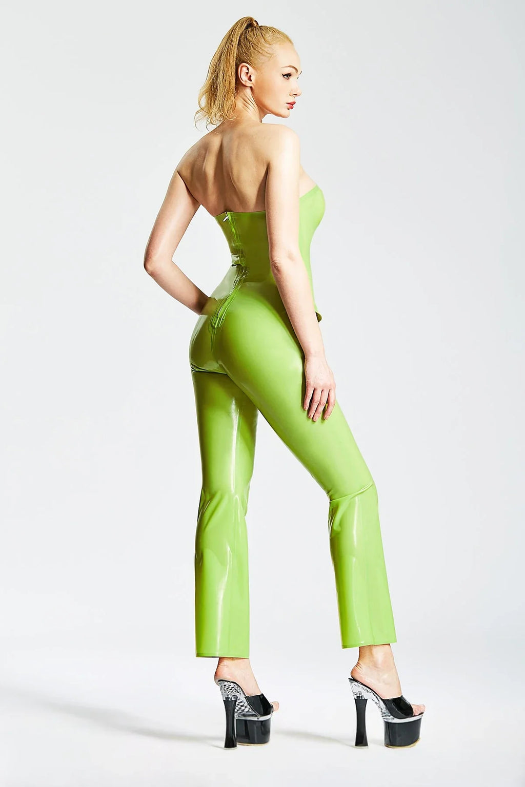 Grass Green Strapless Flared-Leg Back-Zip Latex Jumpsuit